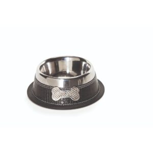 Camon “Chic Bowl” Stainl.Steel Bowl Covered with Leather Cover + Bone- Medium