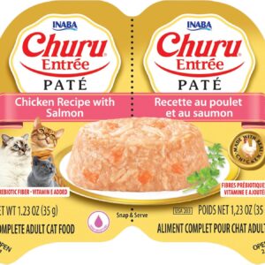 INABA Churu Entree Pate for Cats, Grain-Free, High Protein, Prebiotic Complete & Balanced Wet Cat Food - Chicken with Salmon Recipe