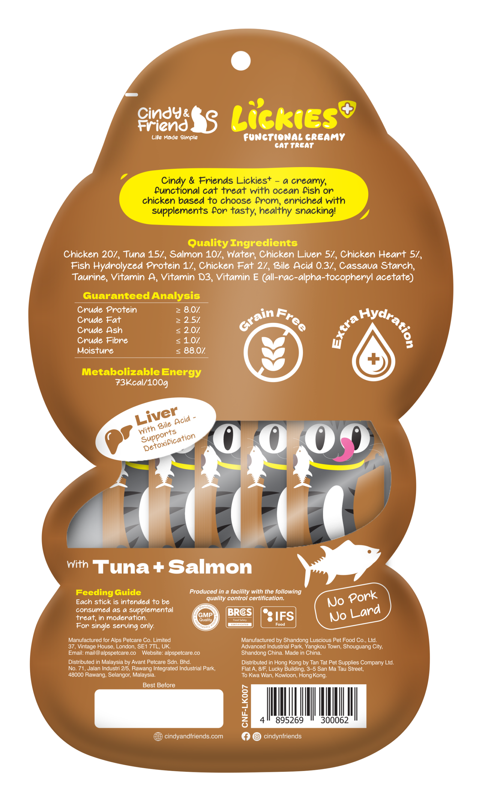 Cindy & Friends Lickies Functional Creamy Lickable Cat Treat for Liver with Chicken, Tuna & Salmon 75g (5 x 15g)