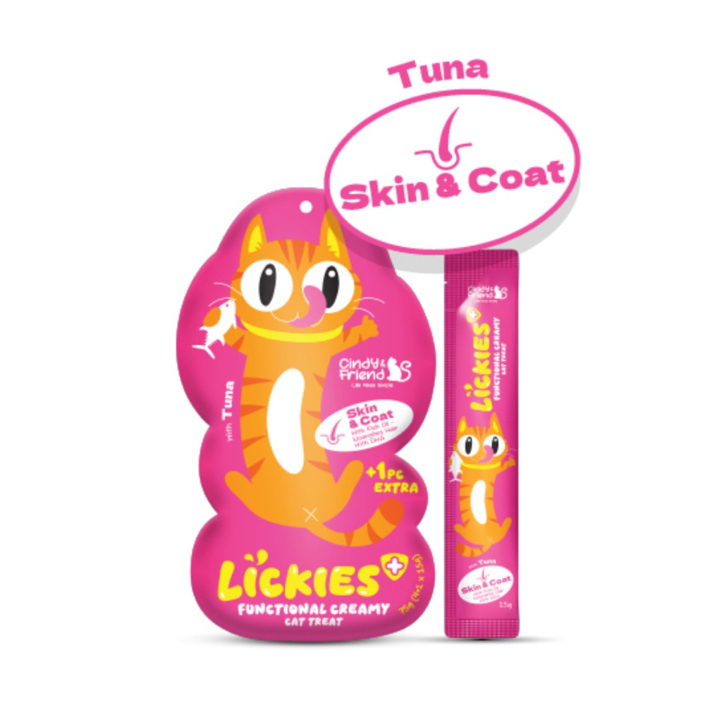 Cindy & Friends Lickies Functional Creamy Lickable Cat Treat for Skin & Coat with Tuna & Chicken 75g (5 x 15g)