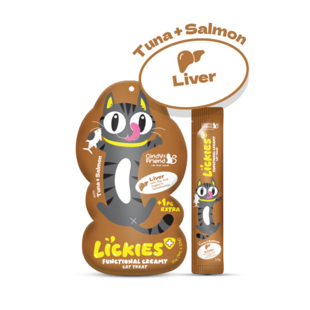 Cindy & Friends Lickies Functional Creamy Lickable Cat Treat for Liver with Chicken, Tuna & Salmon 75g (5 x 15g)